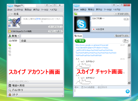 Skype(スカイプ) 4.0 for Windowsで表示を変更した後の画面(２分割)